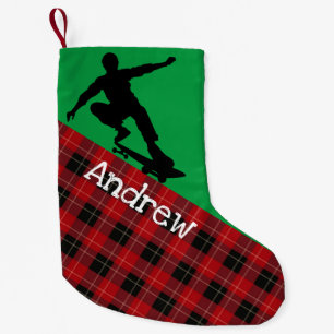 Petite Chaussette De Noël Skateboard Silhouette Green avec Red Flannel