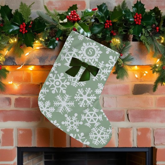Petite Chaussette De Noël Snowflake Motif Bow mignon Sage vert Monogramme