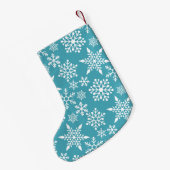 Petite Chaussette De Noël Snowflakes blanc sur Turquoise avec nom (Dos (Accrochage))
