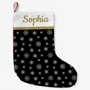 Petite Chaussette De Noël Snowflakes motif noir nom personnalisé