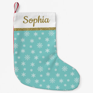Petite Chaussette De Noël Snowflakes motif turquoise nom personnalisé