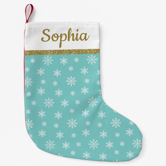 Petite Chaussette De Noël Snowflakes motif turquoise nom personnalisé (Devant)