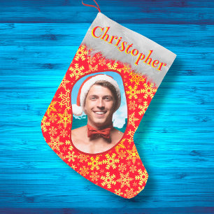 Petite Chaussette De Noël Snowflakes Red & Gold Festive Élégant Nom photo