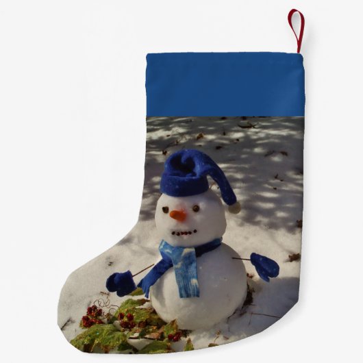 Petite Chaussette De Noël Snowman avec casquette bleu, gants et écharpe (Dos)