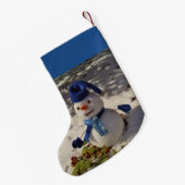Petite Chaussette De Noël Snowman avec casquette bleu, gants et écharpe (Dos (Accrochage))