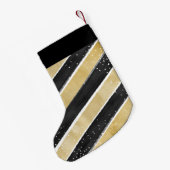 Petite Chaussette De Noël Stripes de Flocon de Neige Noir & Or Moderne Perso (Dos (Accrochage))