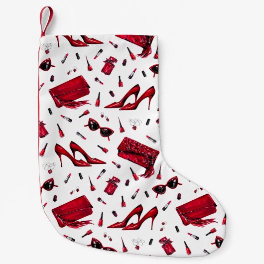 Petite Chaussette De Noël talons rouges, motif d'accessoires de mode. (Devant)