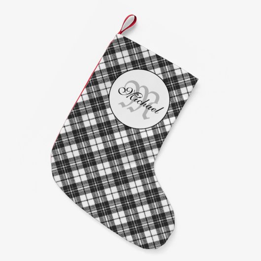 Petite Chaussette De Noël Tartan motif Noël noir blanc Monogramme (Devant (Accrochage))