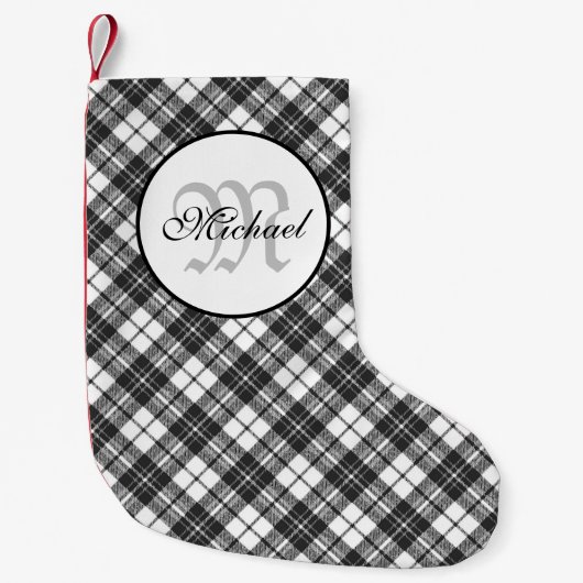 Petite Chaussette De Noël Tartan motif Noël noir blanc Monogramme (Devant)