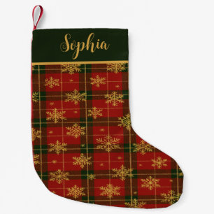 Petite Chaussette De Noël Tartan Rouge Classique avec Flocons de Neige Dorés