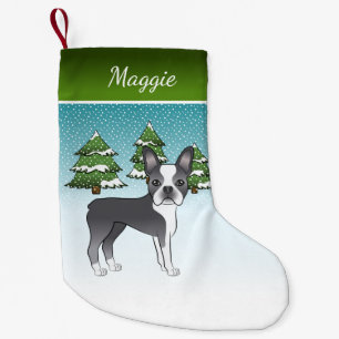 Petite Chaussette De Noël Tervueren Boston Terrier Dans Une Forêt D'Hiver &