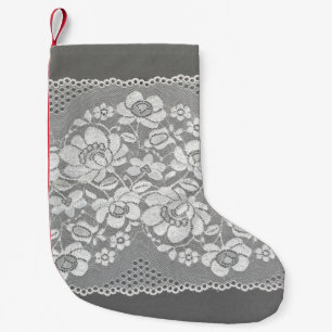Petite Chaussette De Noël Tissu de dentelle blanc sur gris 
