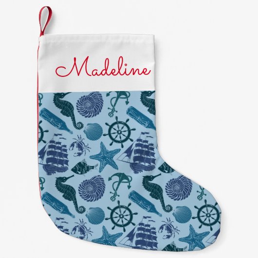 Petite Chaussette De Noël Tons Nautiques Du Motif Bleu| Ajouter votre nom (Devant)