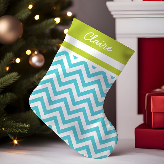 Petite Chaussette De Noël Turquoise et monogramme chevron vert
