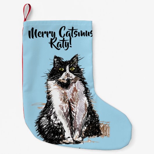 Petite Chaussette De Noël Tuxedo Chat Merry Catsmus Blue Christmas Stocking (Devant)