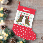 Petite Chaussette De Noël Twin Chocolate Labrador Santas<br><div class="desc">Chocolat Twin Labrador Santas Petite réserve de Noël pour les propriétaires de l'unité de récupération du Labrador au chocolat. Caricature Whimsy et mignonne Labrador Retriever créée par Naomi Ochiai du Japon. Deux adorables Labradors Chocolat reviennent avec les chapeaux de Père Noël et les moustaches ! Les flocons rouges et les...</div>