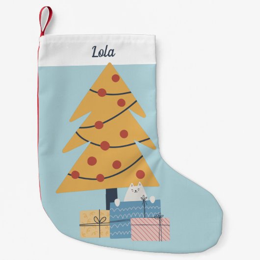Petite Chaussette De Noël Un arbre de Noël de chat blanc présente personnali (Devant)