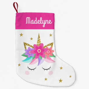 Petite Chaussette De Noël Unicorn Fleurs Étoiles Nom personnalisé Rose