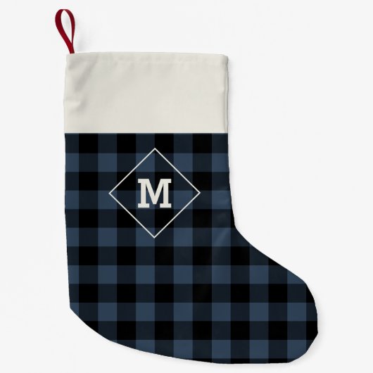 Petite Chaussette De Noël Vacances Plaid Initiale Médiane Bleu + Noir (Devant)