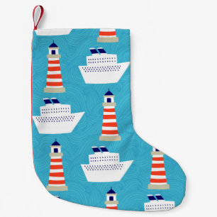 Petite Chaussette De Noël Vagues nautiques : Motif de croiseur de phare.