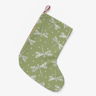 Petite Chaussette De Noël Vert olive girly pois blancs et libellules