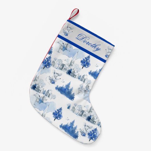 Petite Chaussette De Noël Village de vacances Victorian bleu et blanc (Devant (Accrochage))