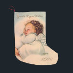 Petite Chaussette De Noël Vintage bébé Ange Ailes dormant dans le nuage<br><div class="desc">Personnalisez cette image vintage chérie d'une fille d'ange-bébé endormie dans les nuages. Le dos du bas a l'Ange de Dieu Prière en calligraphie. Crédit : Imprimés disponibles à l'adresse artprintsanddecor.com</div>
