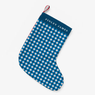 Petite Chaussette De Noël Vintage bleu et blanc En vichy Plaid Personnalisé