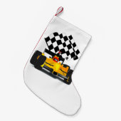 Petite Chaussette De Noël Voiture de course jaune avec drapeau À damiers (Devant (Accrochage))