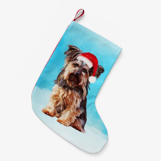 Petite Chaussette De Noël Yorkshire Terrier Chien Dans Neige Noël Père Noël  (Devant (Accrochage))