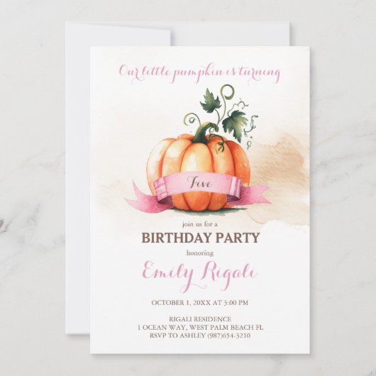 Petite Citrouille 5e anniversaire Invitation fille (Devant)