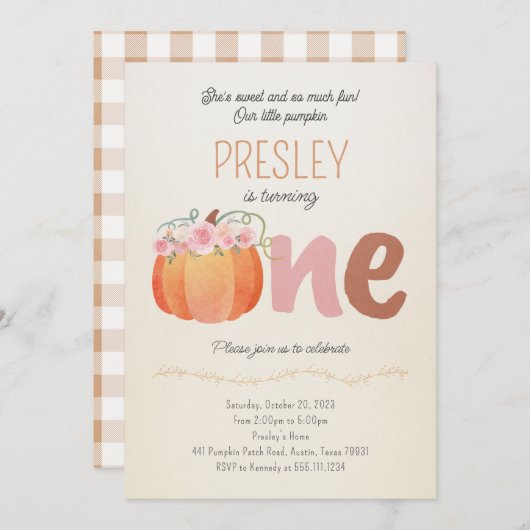 Petite Citrouille Fête d'anniversaire Invitation f (Devant / Derrière)