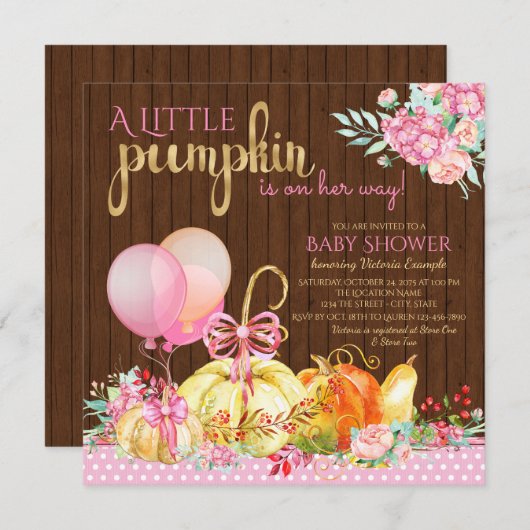 Petite Citrouille fille bébé douche Invitations (Devant / Derrière)