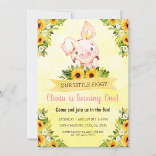 Petite cochon et tournesol anniversaire Invitation