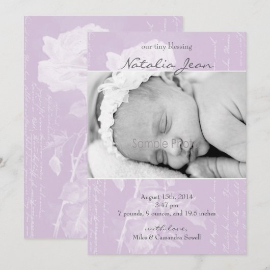 Petite Faire-part de naissance Bénédiction//Lilac (Devant / Derrière)