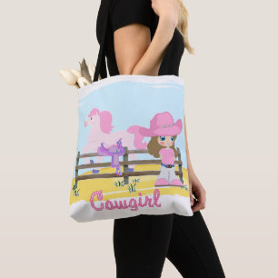 Petite Femme Avec Cheval Et Sac fourre-tout À Sell