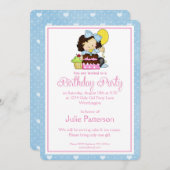 Petite Fille Anniversaire Invitation Fête Bleu 1 (Devant / Derrière)