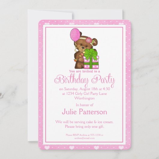Petite Fille Anniversaire Invitation Fille Ours 1 (Devant)