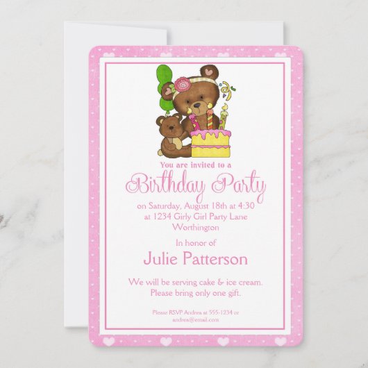 Petite Fille Anniversaire Invitation Fille Ourse 3 (Devant)
