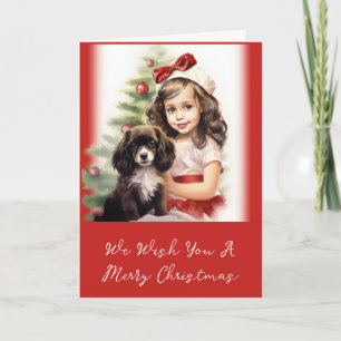 Petite fille avec chiot photo carte de Noël