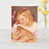 Petite fille avec la carte de voeux de chat (Fleur jaune)