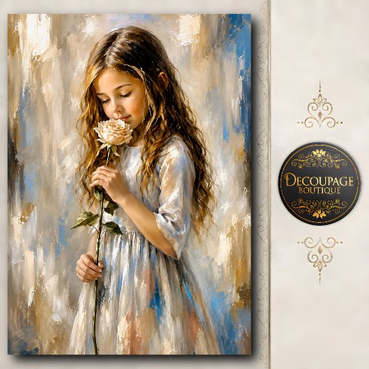 Petite Fille avec Papier de Soie à Rose Blanche