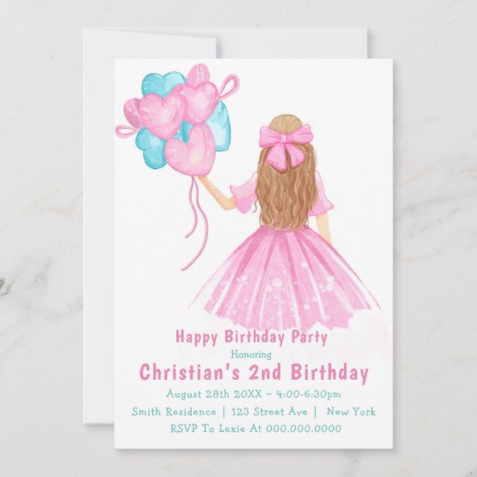 Petite fille Ballons 2e anniversaire Invitations (Devant)