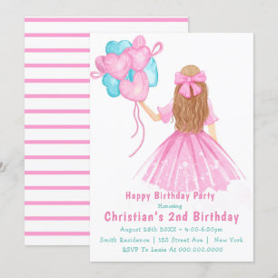Petite fille Ballons 2e anniversaire Invitations