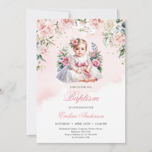Petite fille blush rose floral invitation Baptême (Devant)