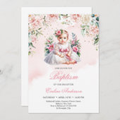 Petite fille blush rose floral invitation Baptême (Devant / Derrière)