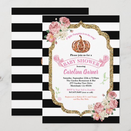 Petite fille citrouille douche invitation rose (Devant / Derrière)