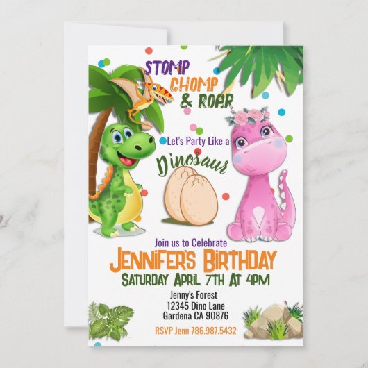 Petite fille Dinosaur invitation d'anniversaire (Devant)