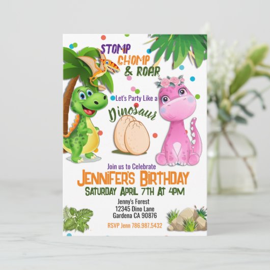 Petite fille Dinosaur invitation d'anniversaire (Debout devant)