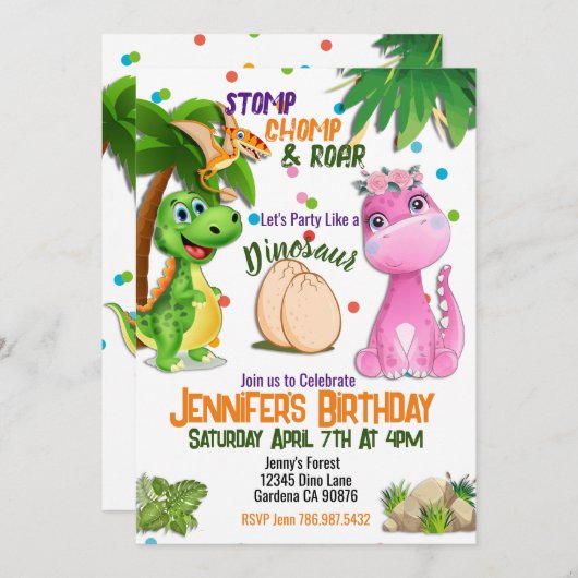Petite fille Dinosaur invitation d'anniversaire (Devant / Derrière)